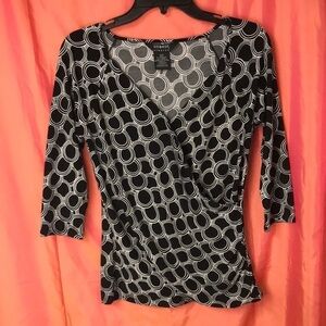 GEORGE Women’s Wrap Top Size S Black White 3/4 Sleeves Stretchy Career or Play